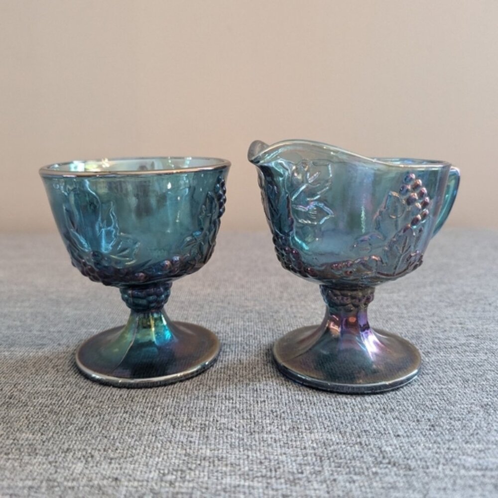 Indiana Carnival Glass, Blue Creamer and Sugar Set in Harvest Grape (No Tray)